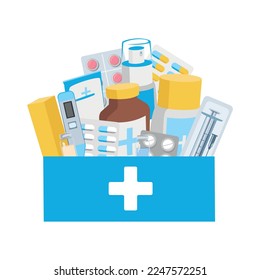 Kit de primeros auxilios lleno de medicamentos. Píldoras, cápsulas, ungüentos, ampollas, jeringas, frascos en una caja. Ilustración vectorial aislada en fondo blanco.