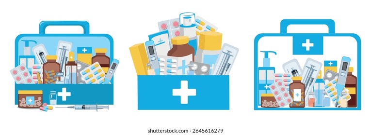 Estojo de primeiros socorros cheio de medicamentos. Comprimidos, cápsulas, pomadas, ampolas, seringas, frascos para injetáveis com medicamentos em caixa. Defina a ilustração vetorial isolada no fundo branco.