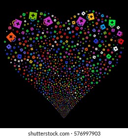 First Aid Kit fireworks with heart shape. Vector illustration style is flat bright multicolored iconic symbols on a black background. Object salute combined from random icons.