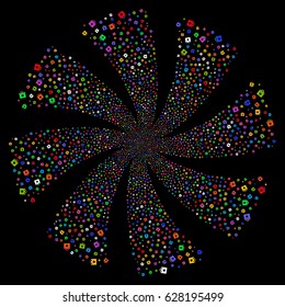First Aid Kit fireworks swirl rotation. Vector illustration style is flat bright multicolored iconic symbols on a black background. Object spiral made from random pictographs.