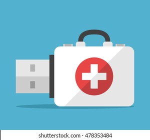 First aid kit flash drive on blue background. Backup, computer and help concept. Flat design. Vector illustration. EPS 8, no transparency