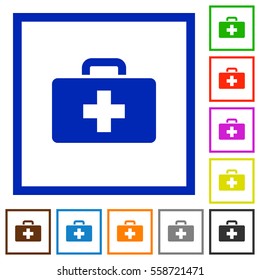 First aid kit flat color icons in square frames on white background