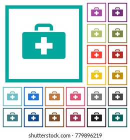 First aid kit flat color icons with quadrant frames on white background