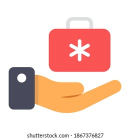 
Kit de primeros auxilios en icono plano, cartera de documentos de asistencia sanitaria  
