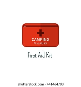 First aid kit flat icon. Camping first aid box color pictogram. Summer graphic for webprojects, infographics, printing. Vector medicine care symbol