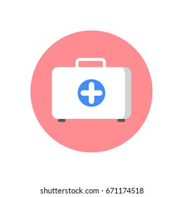 First aid kit flat icon. Round colorful button, Doctor bag circular vector sign, logo illustration. Flat style design