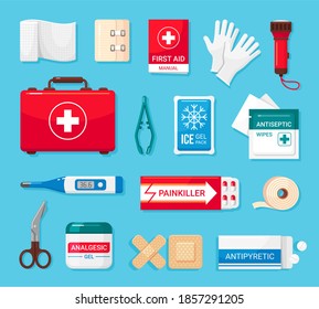 First aid kit flat icons set. Bandage, adhesive plaster, painkiller, antipyretic pills, clinic thermometer, ice gel pack. Vector medical supplies cartoon collection illustration isolated on blue.