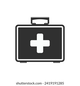 First aid kit in flat style. Red first aid box isolated on white background. Concept of medical diagnostics, Health or Help.