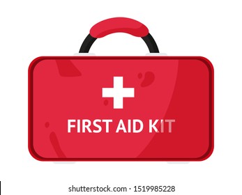 First aid kit flat vector illustration. Red box with medications. Emergency and paramedic service tool. Medical equipment isolated clipart on white background. Medicine and healthcare poster design