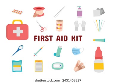 First Aid Kit Flat Vector Illustration Icon Sticker Set Design Materials