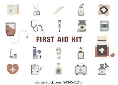 First Aid Kit Flat Vector Illustration Icon Sticker Set Design Materials