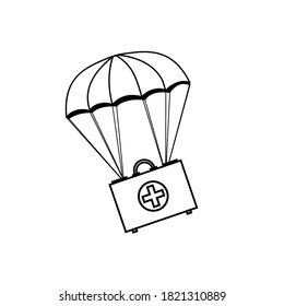 botiquín de primeros auxilios volando sobre un paracaídas, boceto con contorno negro, ilustración vectorial aislada, icono, clipart, diseño, decoración