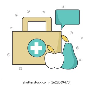 first aid kit with fruits and speech bubble over white background, vector illustration