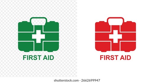 First AID kit with green cross symbol. Medical briefcase with red cross icon symbol.