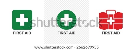 First AID kit with green cross symbol. Medical briefcase with red cross icon symbol.