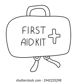 First aid kit. Hand drawn vector illustration in doodle style on white background. Isolated black outline. Camping equipment.