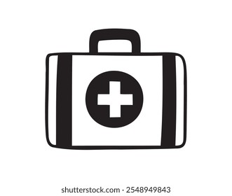 First aid kit hand drawn doodle icon. Drawing first aid kit case icon. Treatment, medicine concept. Vector illustration