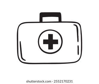 First aid kit hand drawn doodle icon. Drawing first aid kit case icon. Treatment, medicine concept. Vector illustration