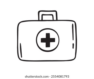 First aid kit hand drawn doodle icon. Drawing first aid kit case icon. Treatment, medicine concept. Vector illustration