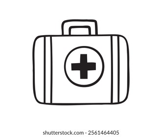 First aid kit hand drawn doodle icon. Drawing first aid kit case icon. Treatment, medicine concept. Vector illustration