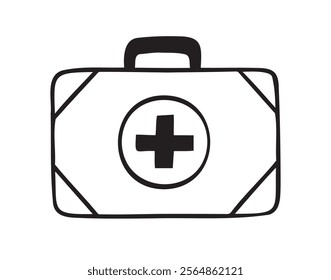 First aid kit hand drawn doodle icon. Drawing first aid kit case icon. Treatment, medicine concept. Vector illustration