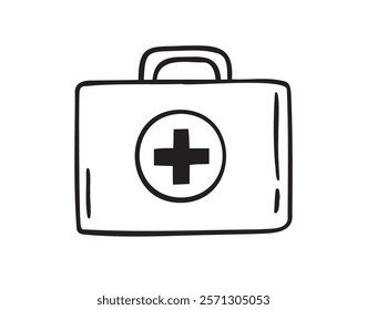 First aid kit hand drawn doodle icon. Drawing first aid kit case icon. Treatment, medicine concept. Vector illustration