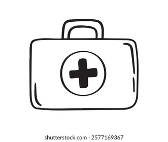 First aid kit hand drawn doodle icon. Drawing first aid kit case icon. Treatment, medicine concept. Vector illustration