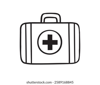 First aid kit hand drawn doodle icon. Drawing first aid kit case icon. Treatment, medicine concept. Vector illustration