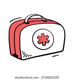First aid kit hand drawn icon with a red cross for emergency care.