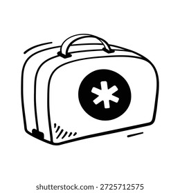 First aid kit hand drawn icon with a red cross for emergency care.