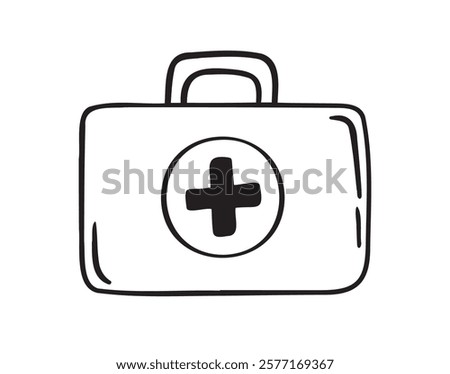 First aid kit hand drawn doodle icon. Drawing first aid kit case icon. Treatment, medicine concept. Vector illustration
