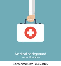 First aid kit in hands doctor. Medical background. Vector illustration in flat design.