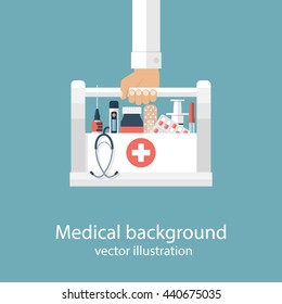 First aid kit in hands doctor. Medical background. Medical facilities with medicines and vaccinations. Vector illustration in flat design. Healthcare concept. Medical help. Emergency doctor.