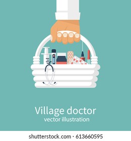 First Aid Kit In Hands Village Doctor. Medical Background. Medical Facilities With Medicines And Vaccinations. Vector Illustration In Flat Design. Healthcare Concept. Medical Help. Emergency Doctor.