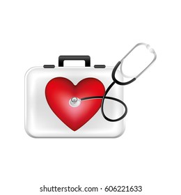 first aid kit with heart and stethoscope, vector illustration design