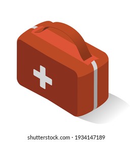 First Aid Kit For Home, Car, Transport Isometric Icon. Medical Case With Cross Closed. Doctor, Physician Gear. Emergency Supplies For Helping, Treatment. Vector Illustration Isolated On White.