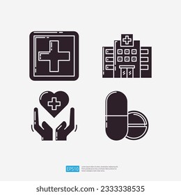 first aid kit, hospital building, heart health care, medical tablet and pill. Medical and health glyph set icon. Vector Illustration