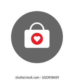First aid kit icon in circle. Medical chest with heart symbol. Vector.