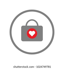 First aid kit icon in circle. Medical chest with heart symbol. Vector.