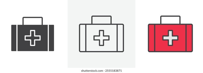 First aid kit icon collection in black and colored style.
