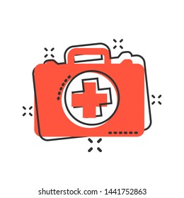 First aid kit icon in comic style. Health, help and medical diagnostics vector cartoon illustration on white isolated background. Doctor bag business concept splash effect.