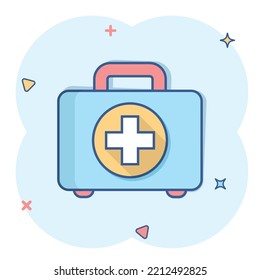 First aid kit icon in comic style. Health, help and medical diagnostics vector cartoon illustration on white isolated background. Doctor bag business concept splash effect.
