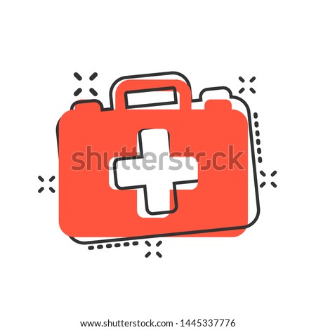 First aid kit icon in comic style. Health, help and medical diagnostics vector cartoon illustration on white isolated background. Doctor bag business concept splash effect.