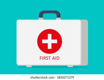 Verbandskasten. Symbol der Arztbox. Medizinische Tasche mit Apotheke im Notfall. Koffer für Medizin mit Kreuz. Konzept Gesundheit und Medizin. Cartoon Toolbox für Hilfe im Krankenwagen und Krankenhaus. Vektorgrafik.