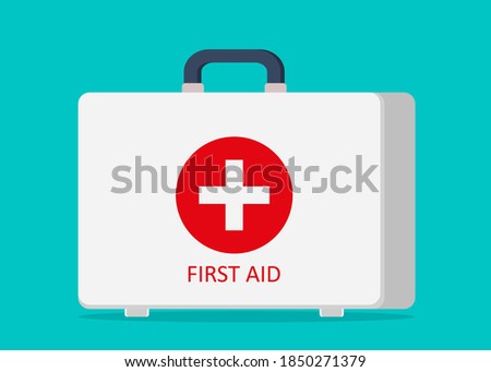 First aid kit. Icon of doctor box. Medical bag with pharmacy in emergency. Suitcase of medic with cross. Concept health and medicine. Cartoon toolbox for help in ambulance and hospital. Vector.