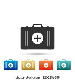 First aid kit icon isolated on white background. Medical box with cross. Medical equipment for emergency. Healthcare concept. Set elements in colored icons. Flat design. Vector Illustration