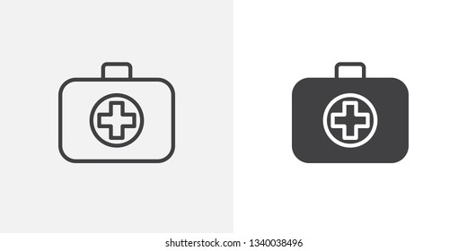 First aid kit icon. line and glyph version, outline and filled vector sign. Doctors bag with medical cross linear and full pictogram. Symbol, logo illustration. Different style icons set