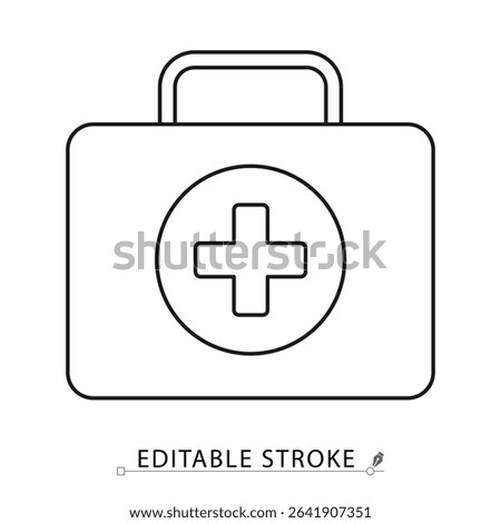 First aid kit icon in minimal line style with editable stroke. Medical box, emergency health symbol, healthcare element for safety visuals, treatment support, clinic interface and rescue design.