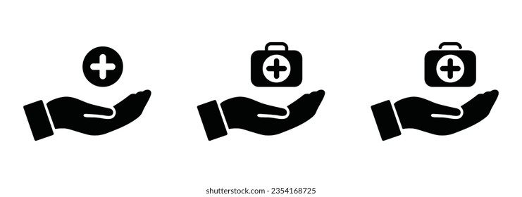 First aid kit icon on hand set of three. Flat illustration of first aid kit vector icon for web design. First Aid Kit Icon on Palm Hand Vector Illustration in Black and White color.