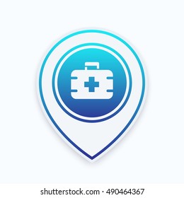 First aid kit icon on map pointer, medicine chest, vector illustration